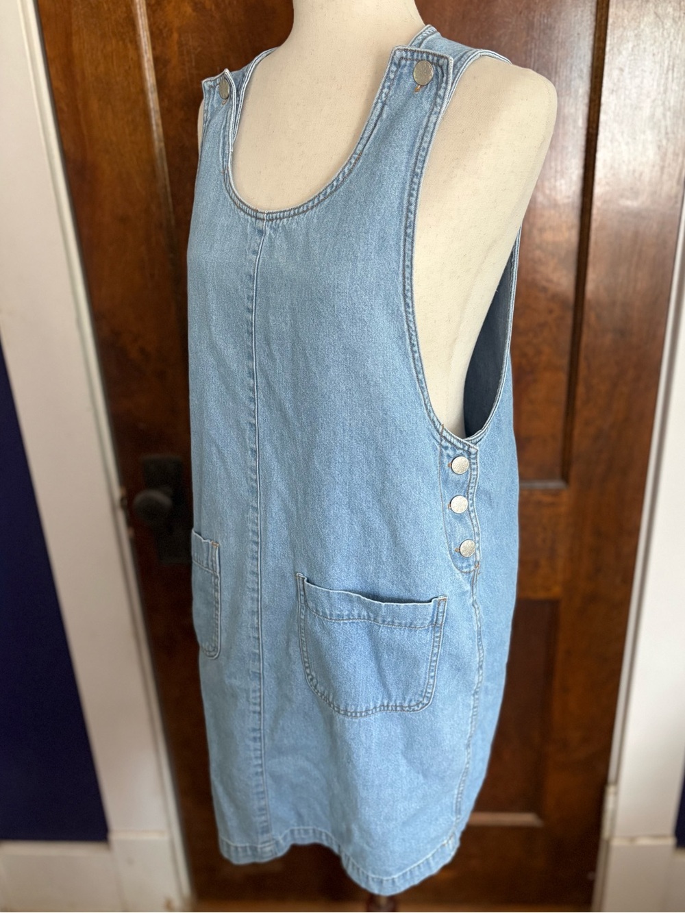 VTG 90s FADS Light Wash Denim Cotton Overall Jumper Dress Adjustable Medium
